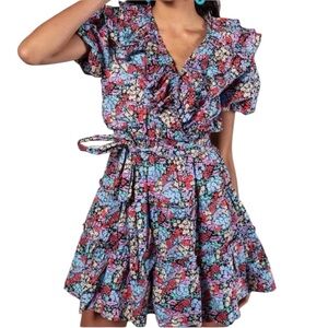 KARLIE Cotton Poplin Ruffled Puff Sleeve Surplice V-Neckline Smocked Waist Dress